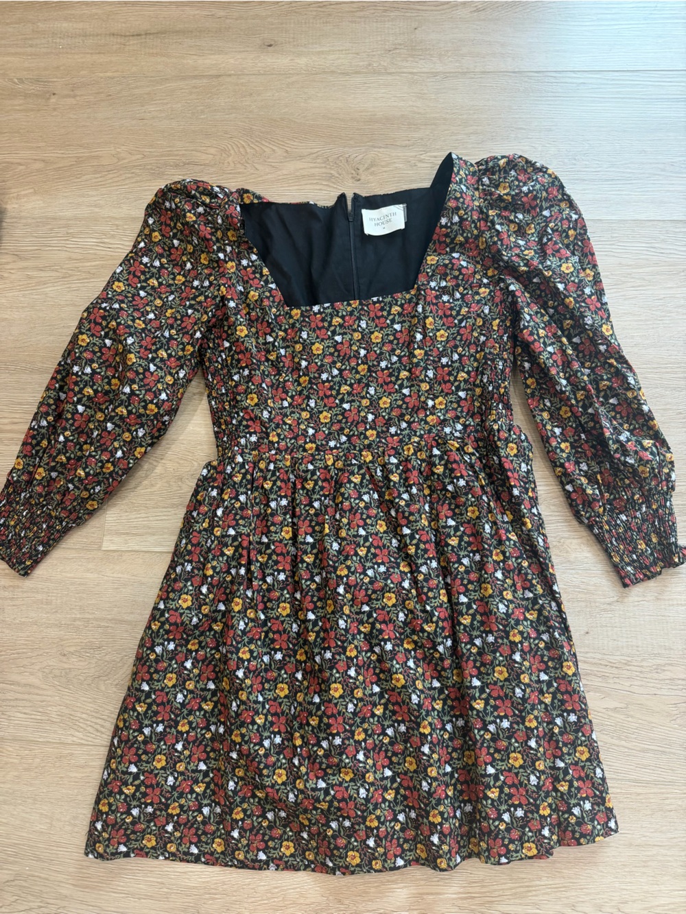 Square Neck Mini Dress with Puff Sleeves - Black Floral